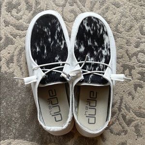White Cowhide Hey Dudes